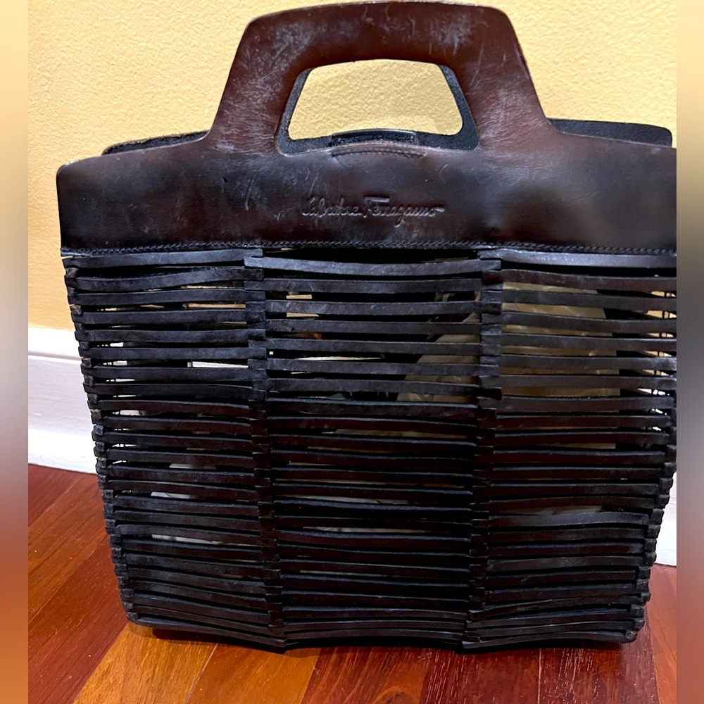 Salvatore Ferragamo Dark Brown 2 Way Leather Shoulder Bag with vinyl lining.